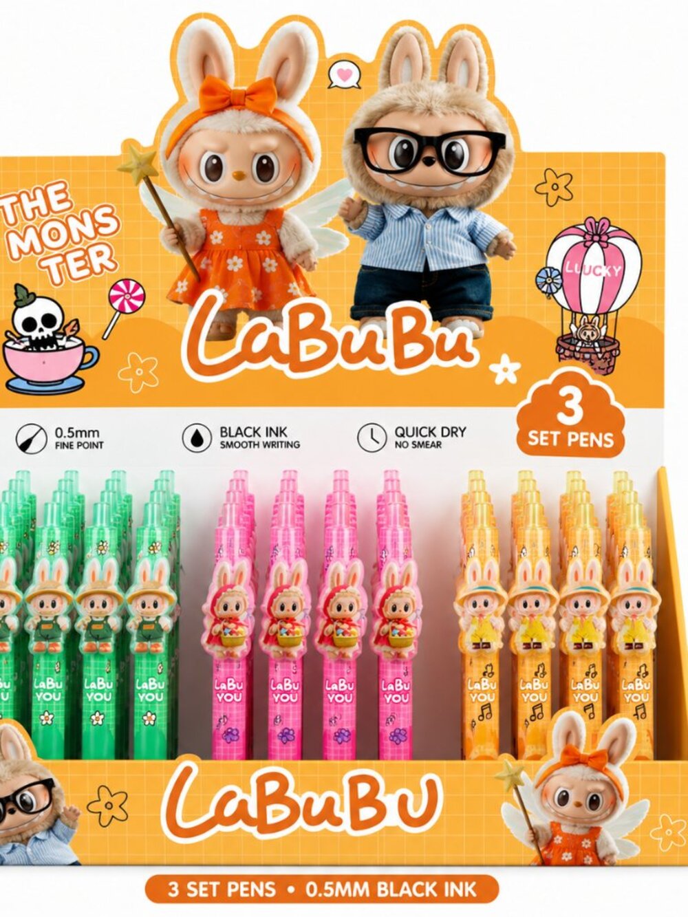 3pc Monster Bubu Character Gel Pen Set 0.5mm Black Ink Cute Stationery Pens